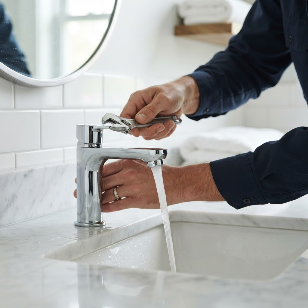 TS Prime plumber servicing a modern bathroom fixture
